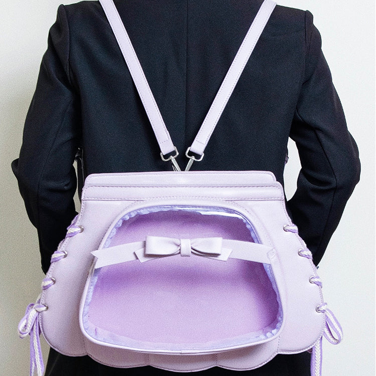 Original Design Purple Seashell Backpack with Bow, Transparent Display Layer, Shoulder & Crossbody Bag
