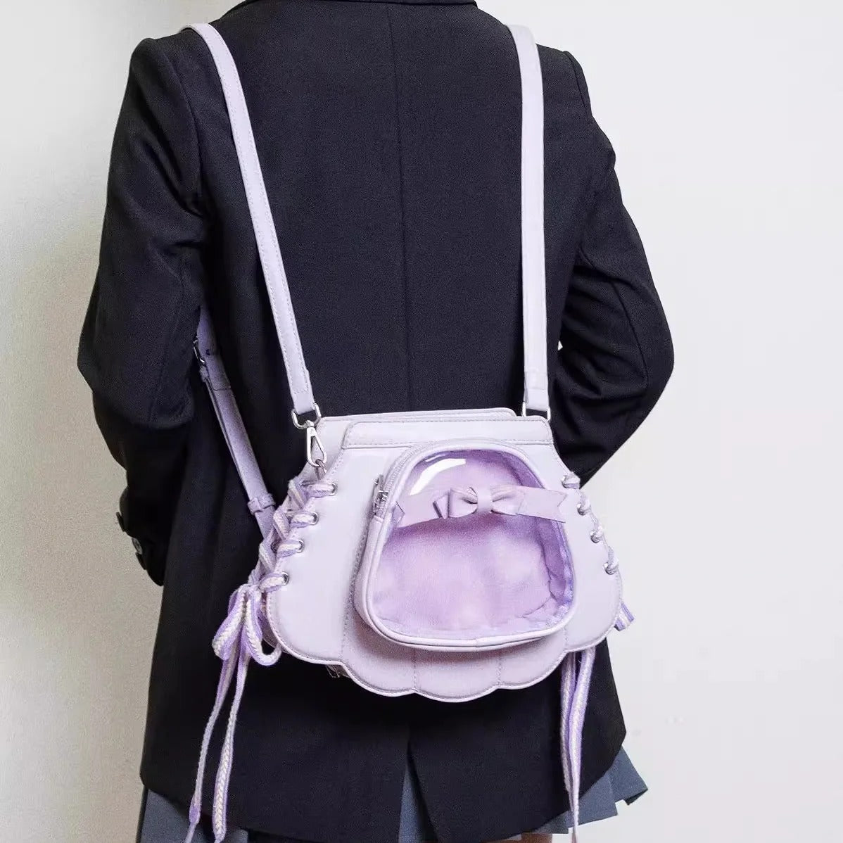 Original Design Purple Seashell Backpack with Bow, Transparent Display Layer, Shoulder & Crossbody Bag