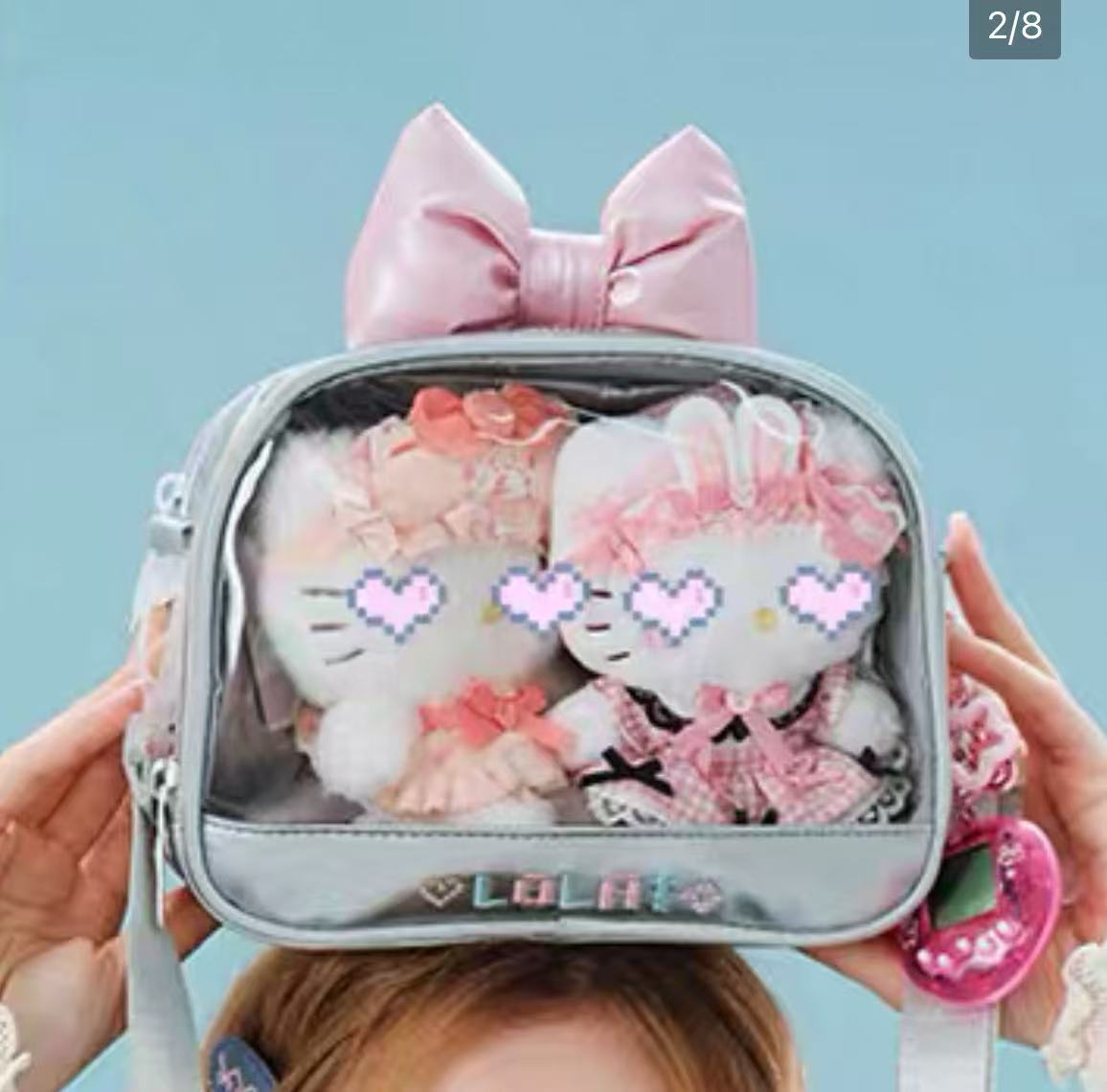 Compact Plushie Crossbody Bag with Clear Display – Silver Finish with Pink Bow Accent