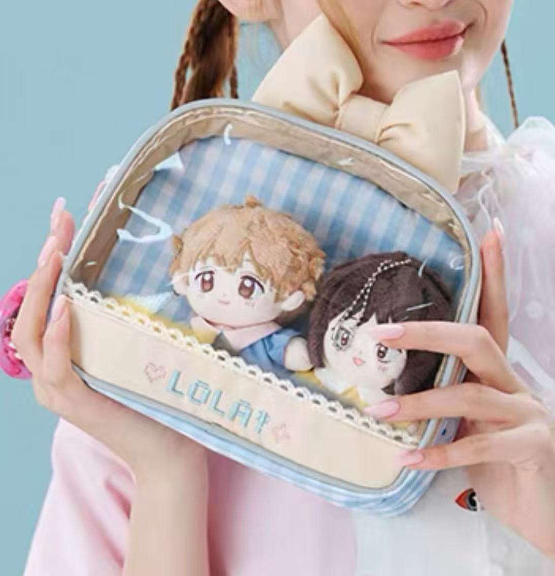 Compact Plushie Crossbody Bag with Clear Display – Embroidered Cream and Sky Blue Gingham Design