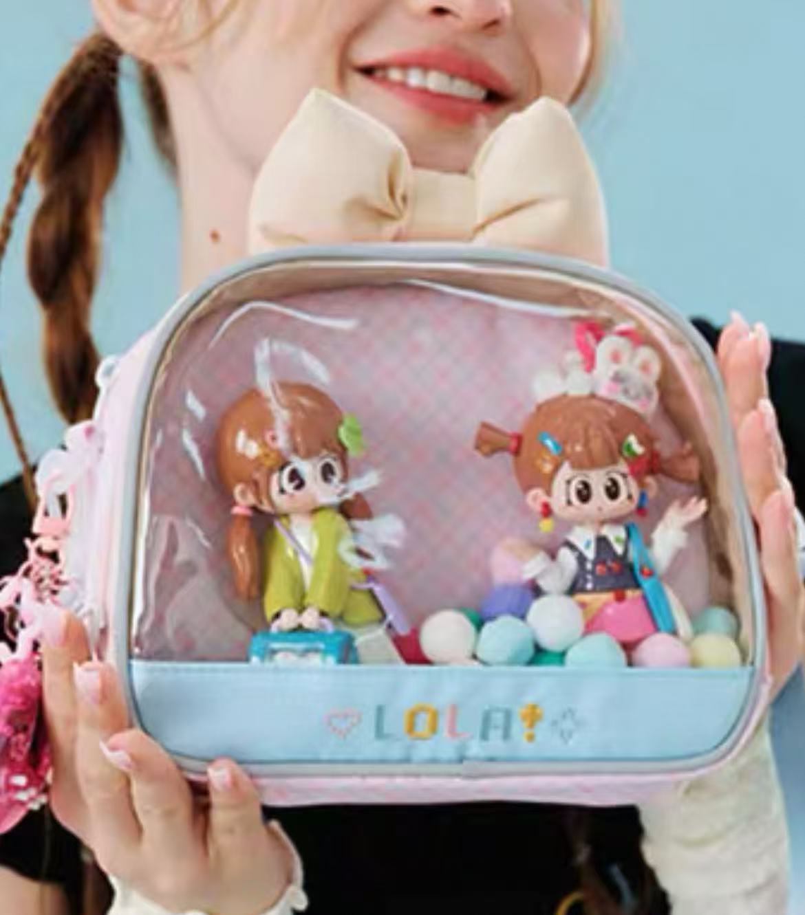 Compact Plushie Crossbody Bag with Clear Display – Pink Gingham with Sky Blue Trim