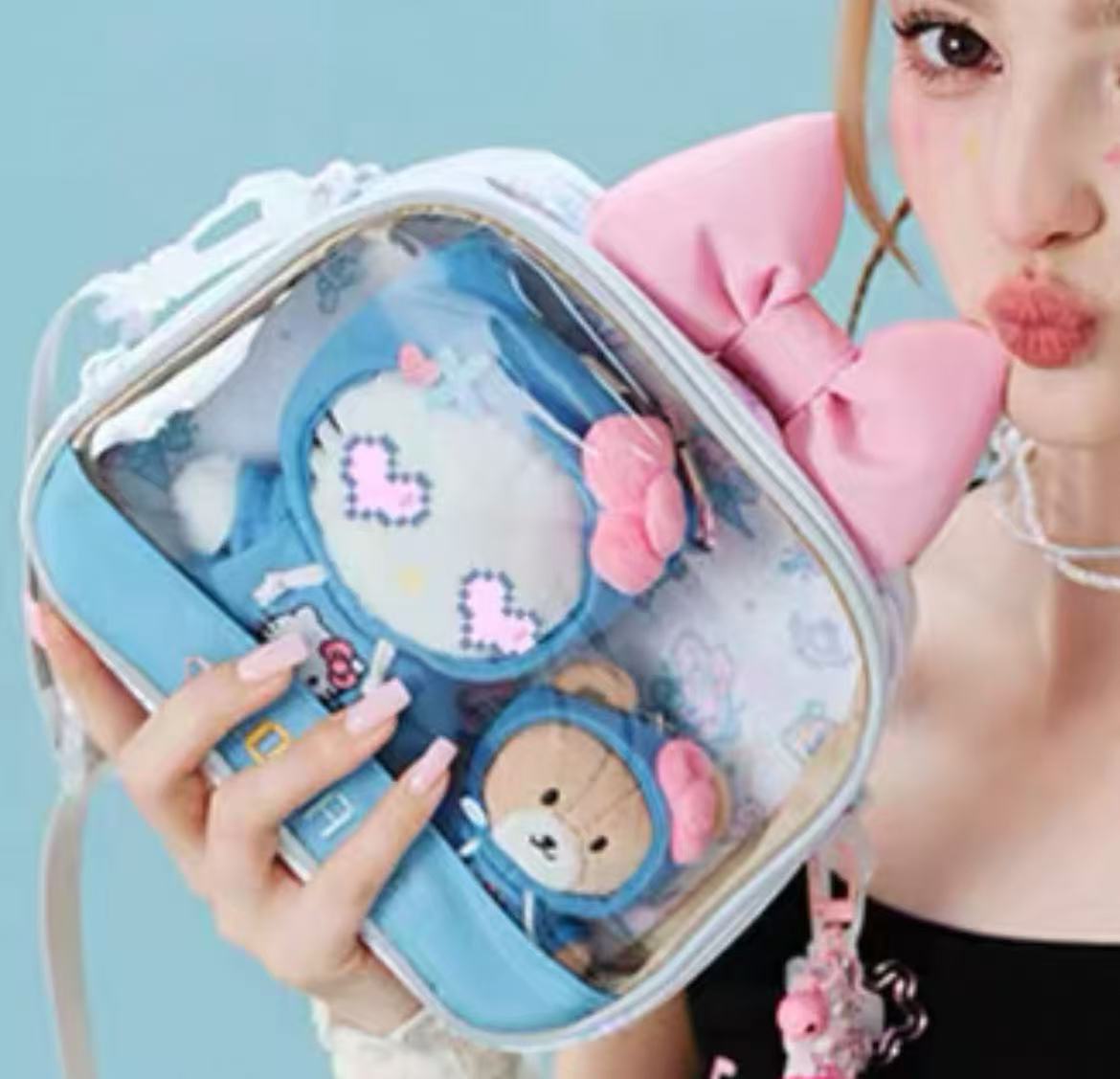 Compact Plushie Crossbody Bag with Clear Display – Candy Blue with Pink Bow Accent