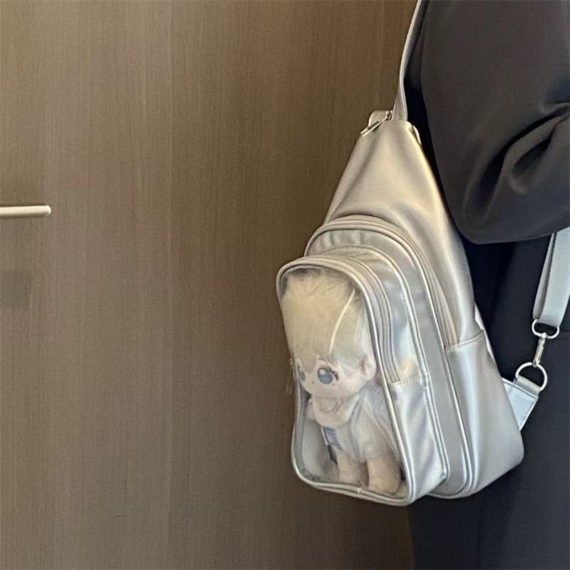 Convertible Plushie Backpack with Clear Display –Metallic Silver Finish
