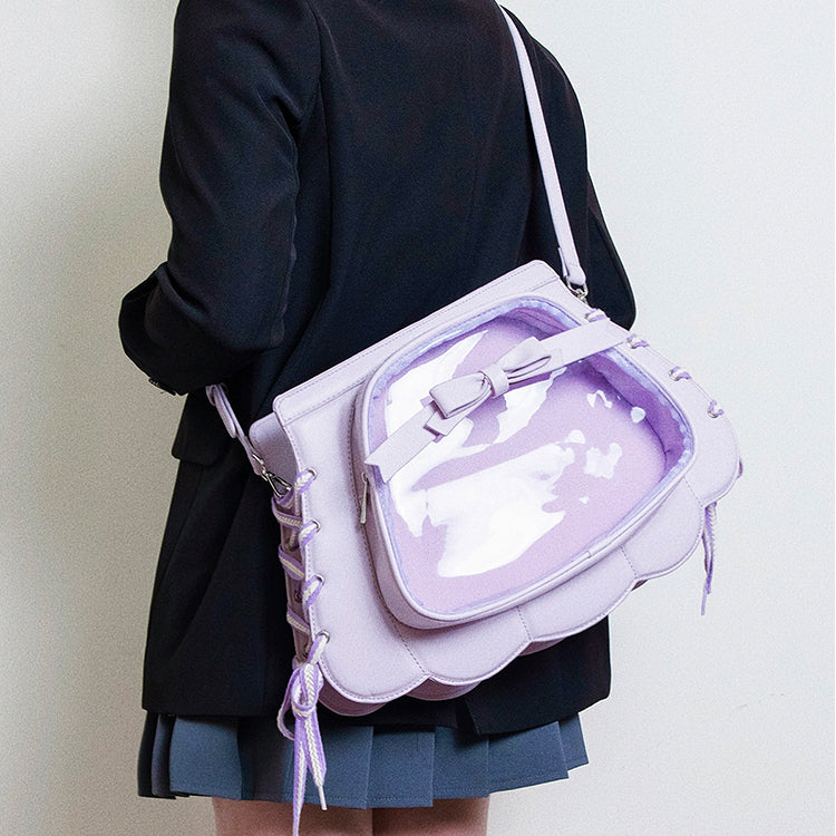 Original Design Purple Seashell Backpack with Bow, Transparent Display Layer, Shoulder & Crossbody Bag