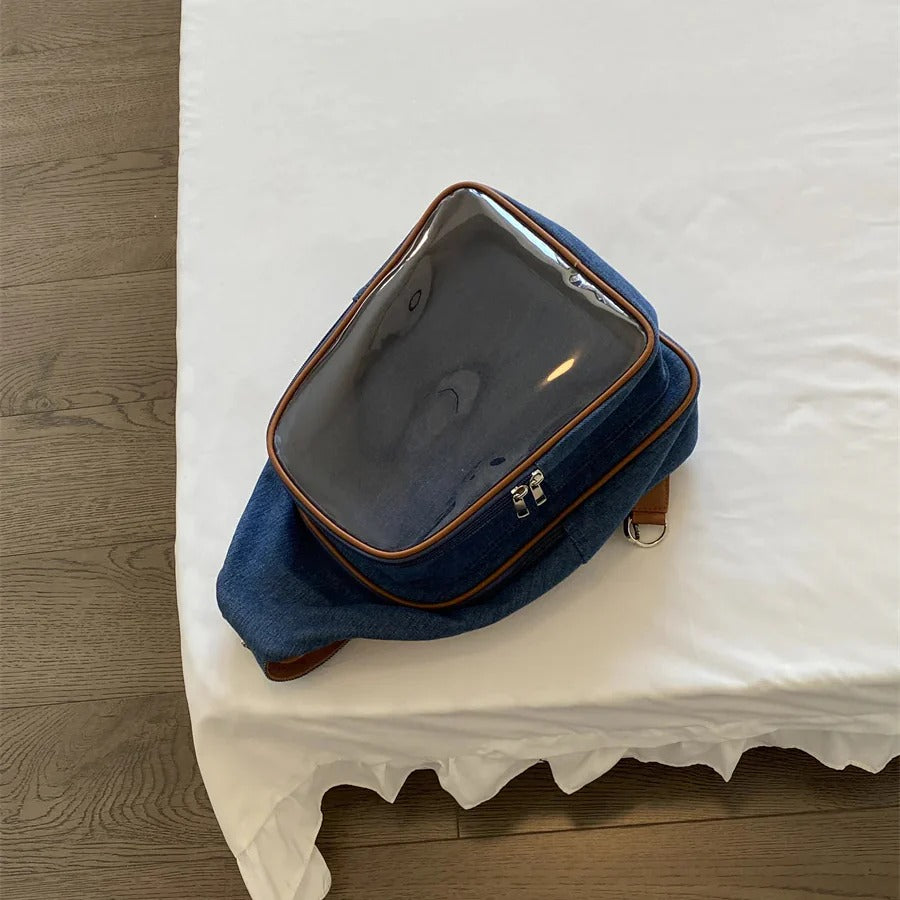 Denim Chest Itabag – Plushie Display Bag with Transparent Window | 4"/6" Plushies | 8" Crossbody & Backpack
