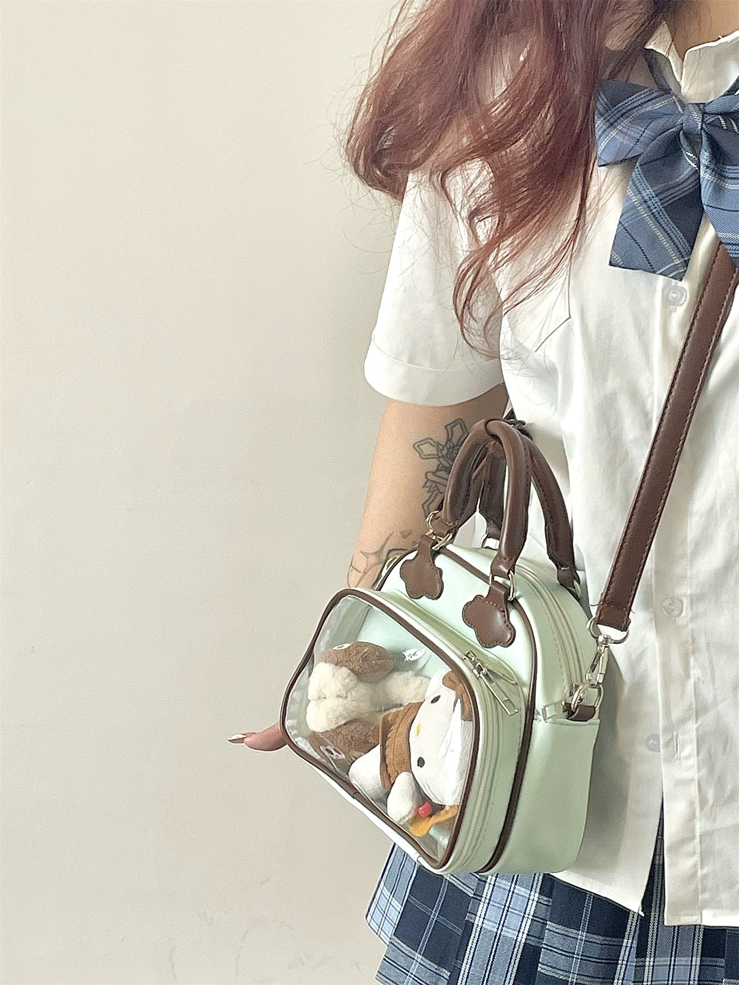 Plushie Companion Bag with Clear Display – 4-Way Carry in Mint Green with Chocolate Brown Accents