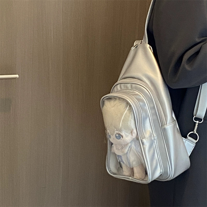 Lightweight Sling Bag with Clear Display – Metallic Silver Finish