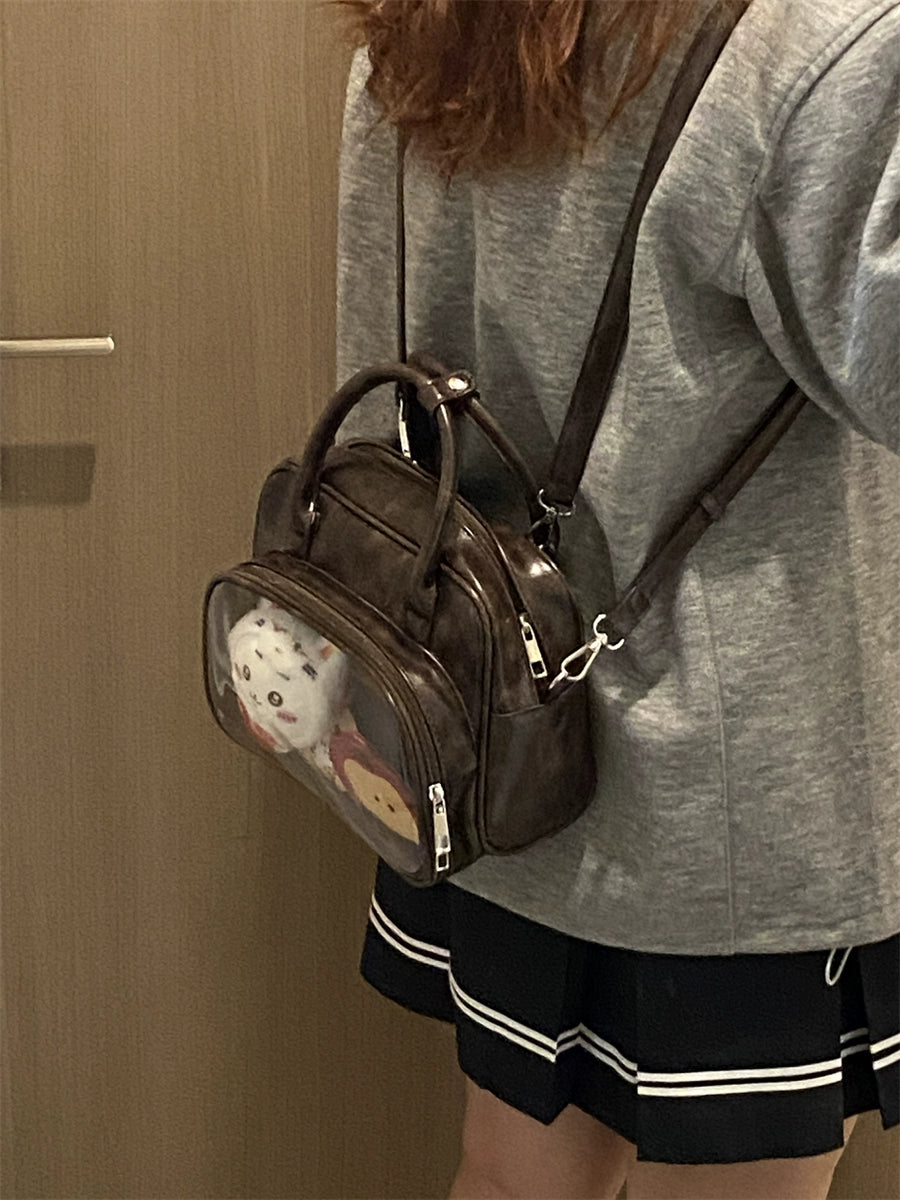 Plushie Companion Bag with Clear Display – 4-Way Convertible Carry in Vintage Espresso Brown