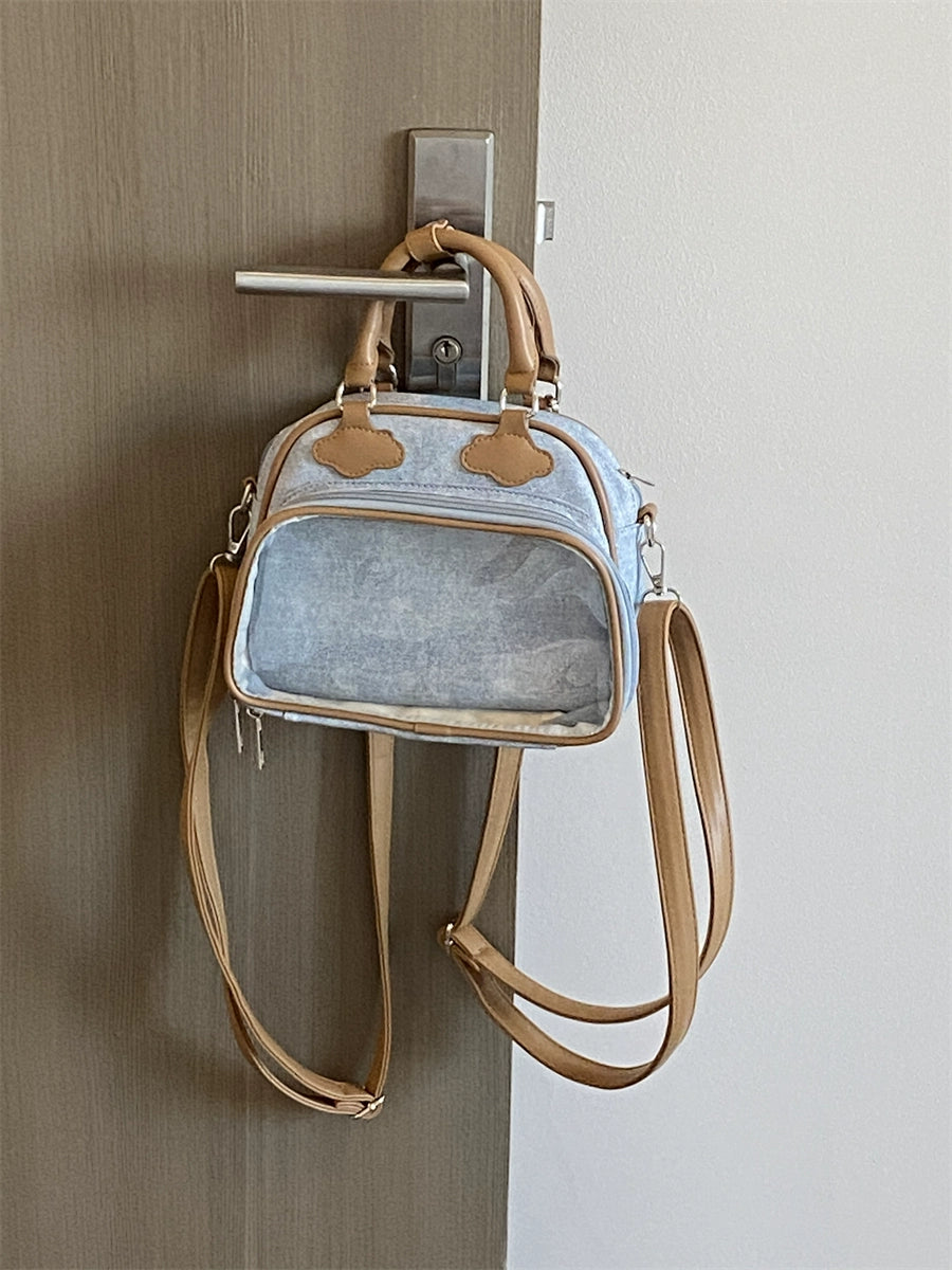 Plushie Companion Bag with Clear Display – 4-Way Convertible Carry in Powder Blue with Caramel Trim