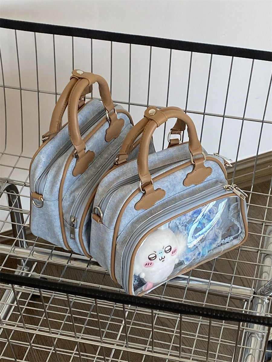 Plushie Companion Bag with Clear Display – 4-Way Convertible Carry in Powder Blue with Caramel Trim