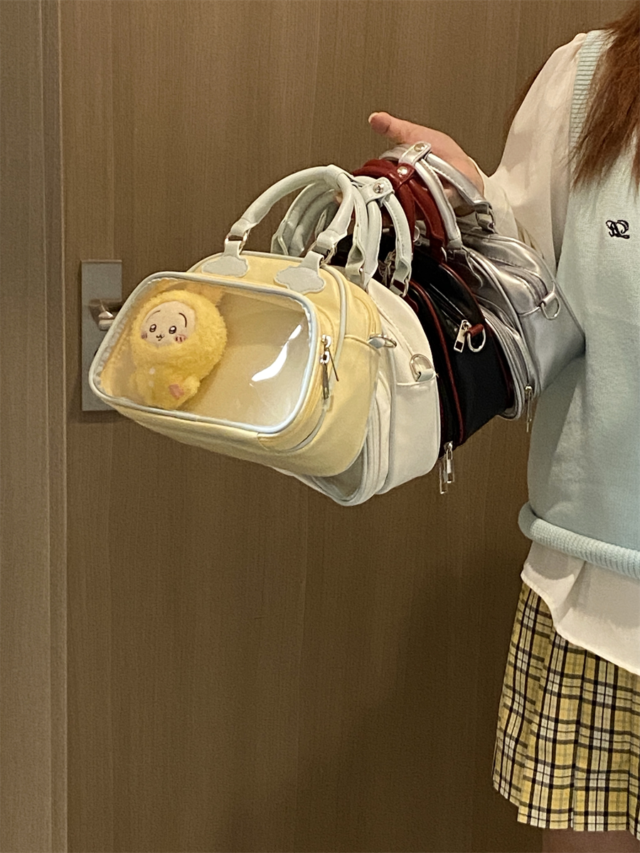 Plushie Companion Bag with Clear Display – 4-Way Convertible Carry in Cream Yellow with Soft Blue Accents