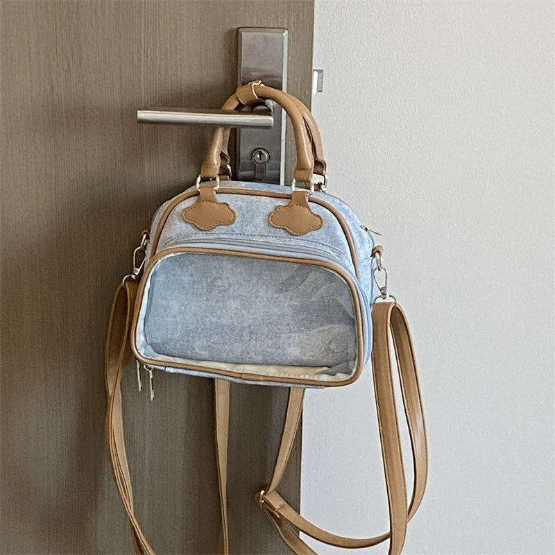 Plushie Companion Bag with Clear Display – 4-Way Convertible Carry in Powder Blue with Caramel Trim