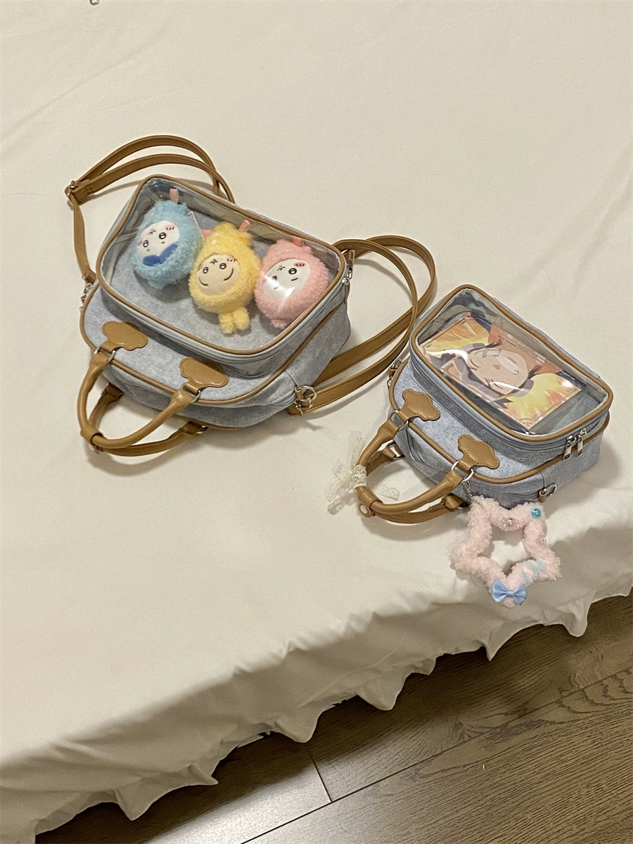 Plushie Companion Bag with Clear Display – 4-Way Convertible Carry in Powder Blue with Caramel Trim