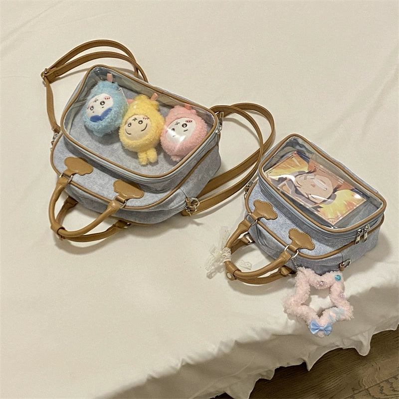 Plushie Companion Bag with Clear Display – 4-Way Convertible Carry in Powder Blue with Caramel Trim