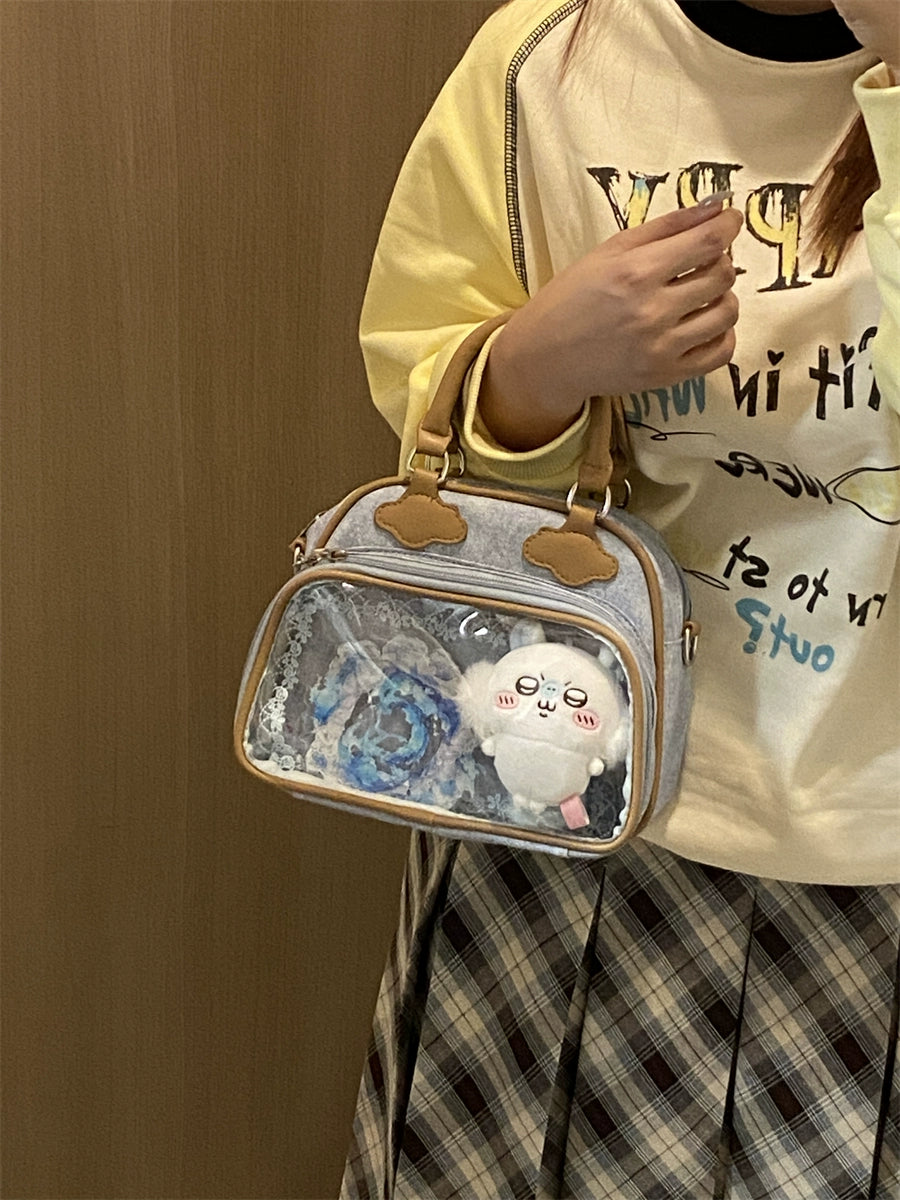 Plushie Companion Bag with Clear Display – 4-Way Convertible Carry in Powder Blue with Caramel Trim