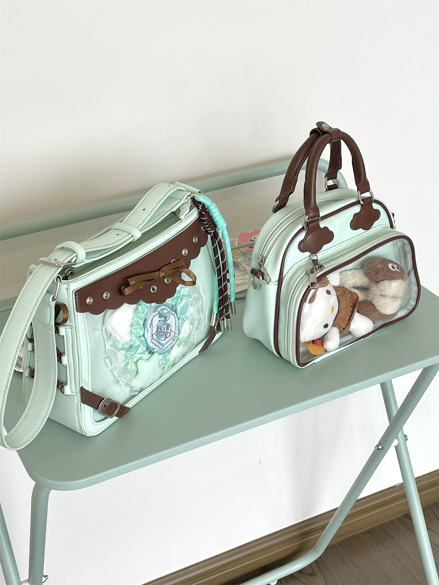 Plushie Companion Bag with Clear Display – 4-Way Carry in Mint Green with Chocolate Brown Accents