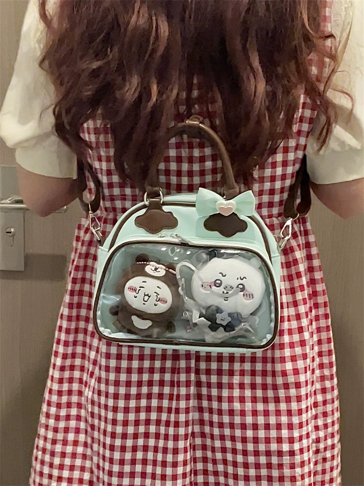 Plushie Companion Bag with Clear Display – 4-Way Carry in Mint Green with Chocolate Brown Accents