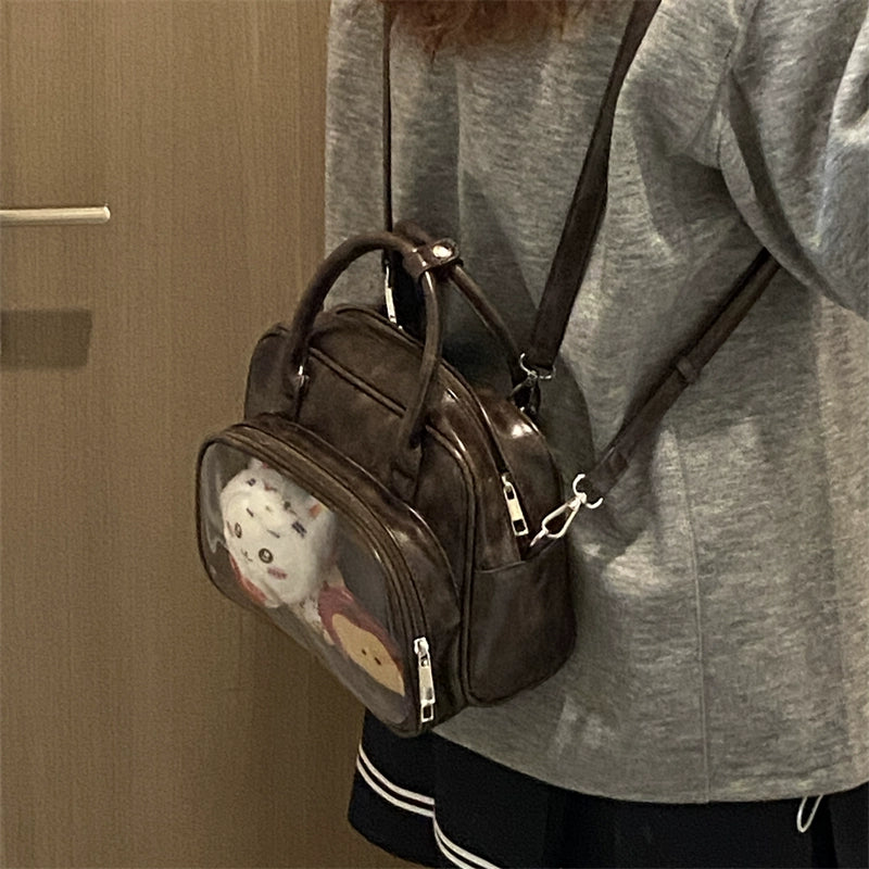 Plushie Companion Bag with Clear Display – 4-Way Convertible Carry in Vintage Espresso Brown