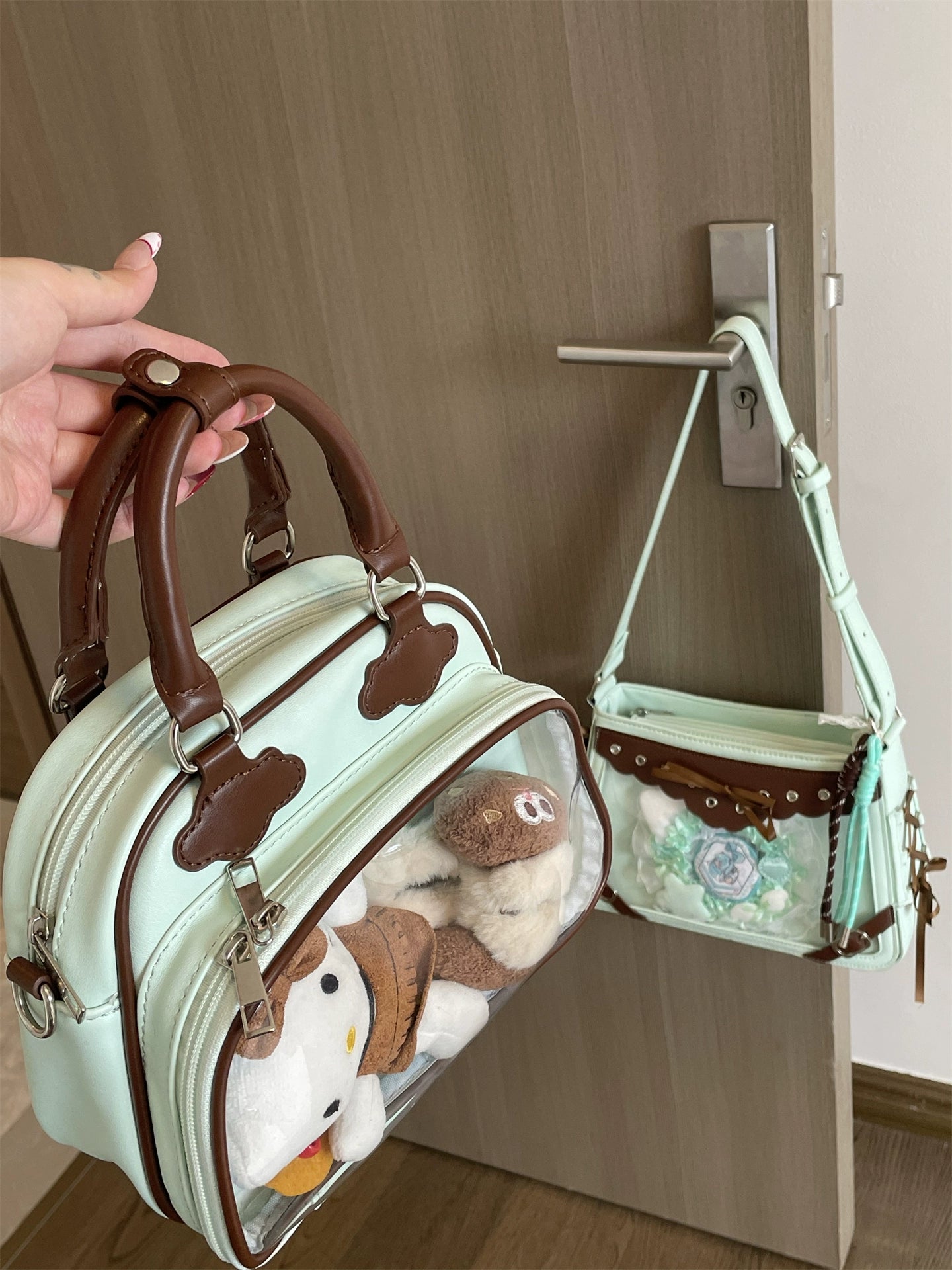 Plushie Companion Bag with Clear Display – 4-Way Carry in Mint Green with Chocolate Brown Accents