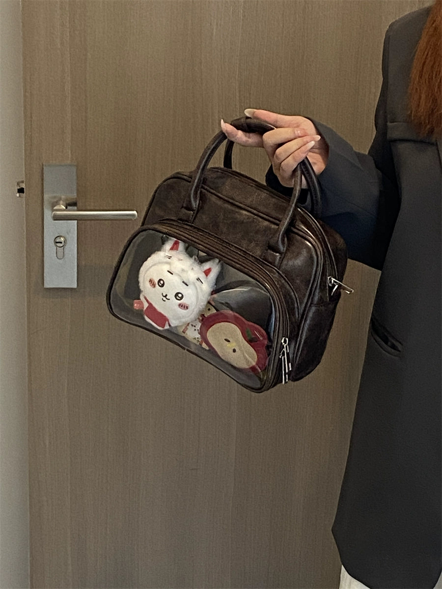 Plushie Companion Bag with Clear Display – 4-Way Convertible Carry in Vintage Espresso Brown