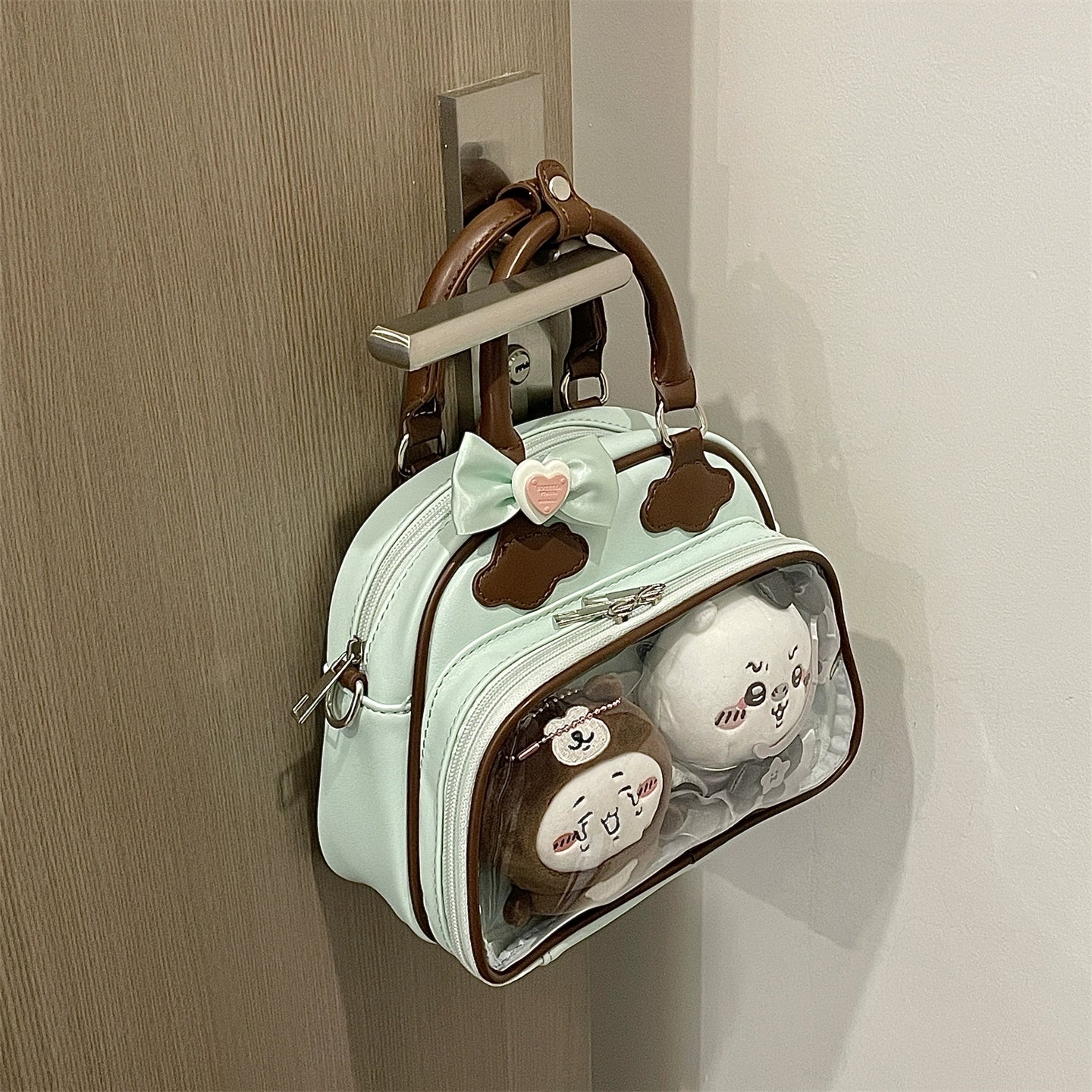 Plushie Companion Bag with Clear Display – 4-Way Carry in Mint Green with Chocolate Brown Accents