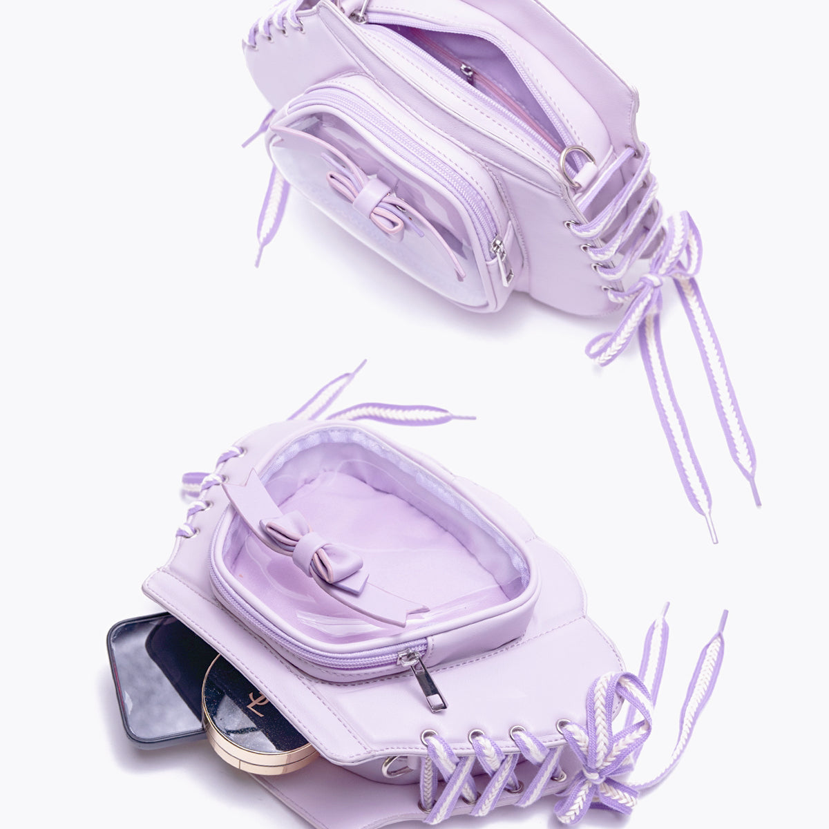 Original Design Purple Seashell Backpack with Bow, Transparent Display Layer, Shoulder & Crossbody Bag