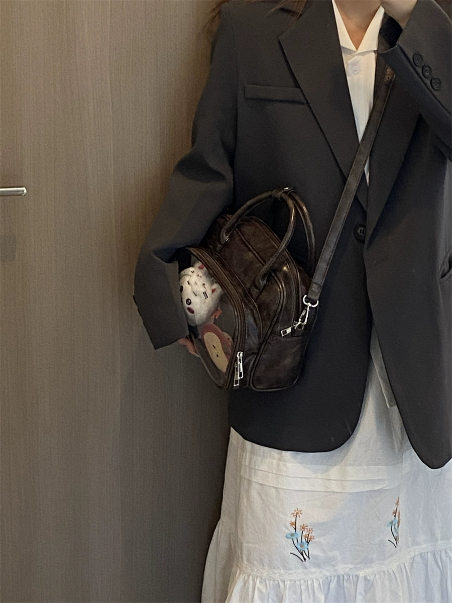 Plushie Companion Bag with Clear Display – 4-Way Convertible Carry in Vintage Espresso Brown